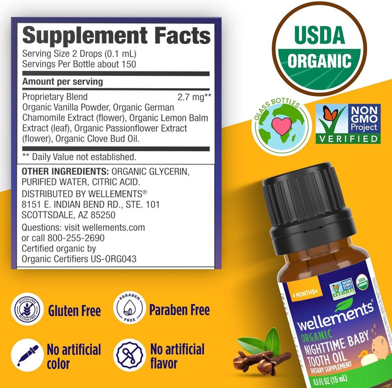 Wellements Organic Nighttime Baby Tooth Oil for 4 Months+ (0.5 Fl Oz) - Baby Teething Relief Oil* for Soothing & Massage for Tiny Gums* - Organic Blend of Essential Oils & Sleepy Time Herbs* - Image 3